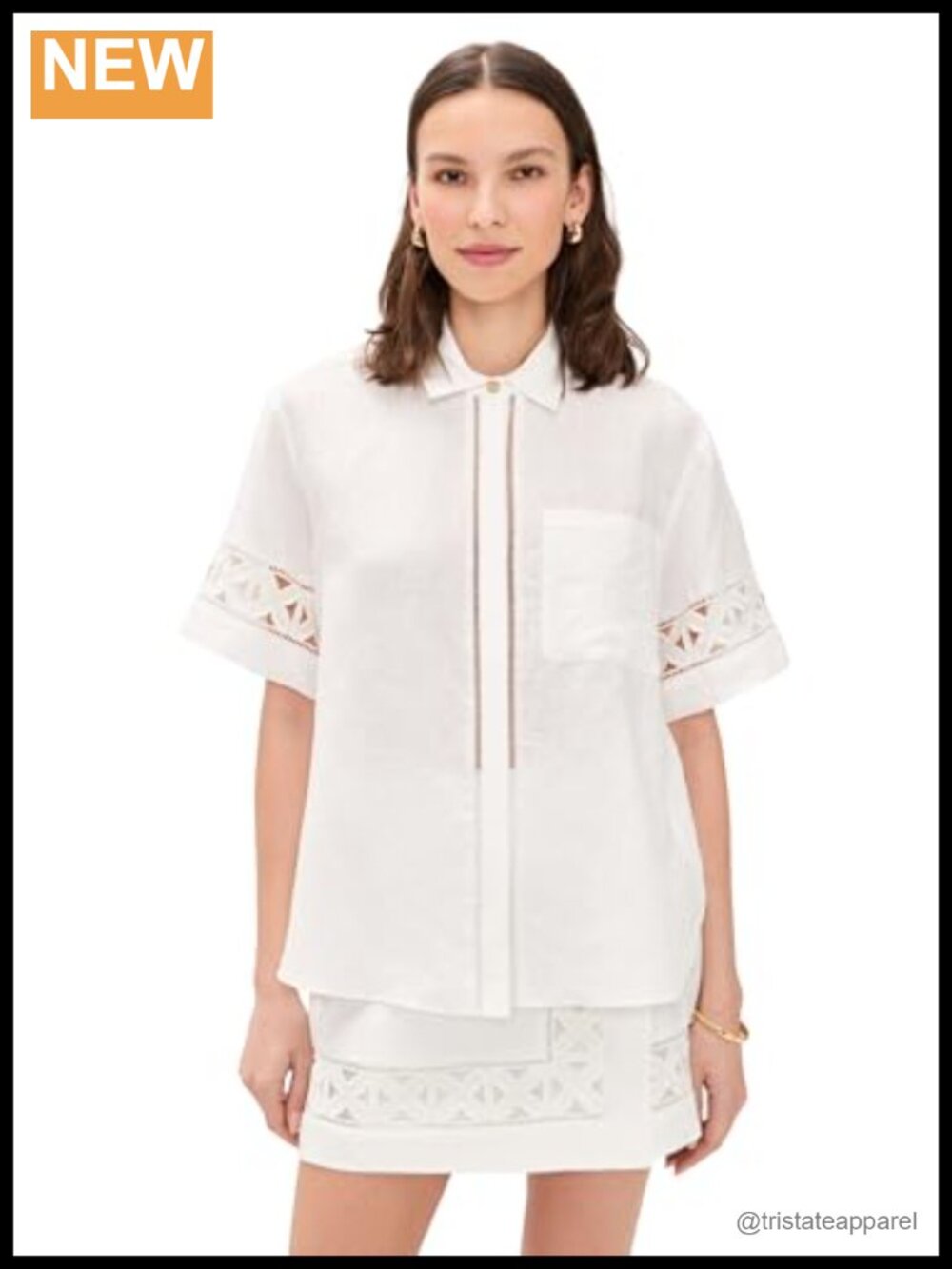 Women's Linen Button Down Shirt with Embroidered Detailing and Patch Pocket